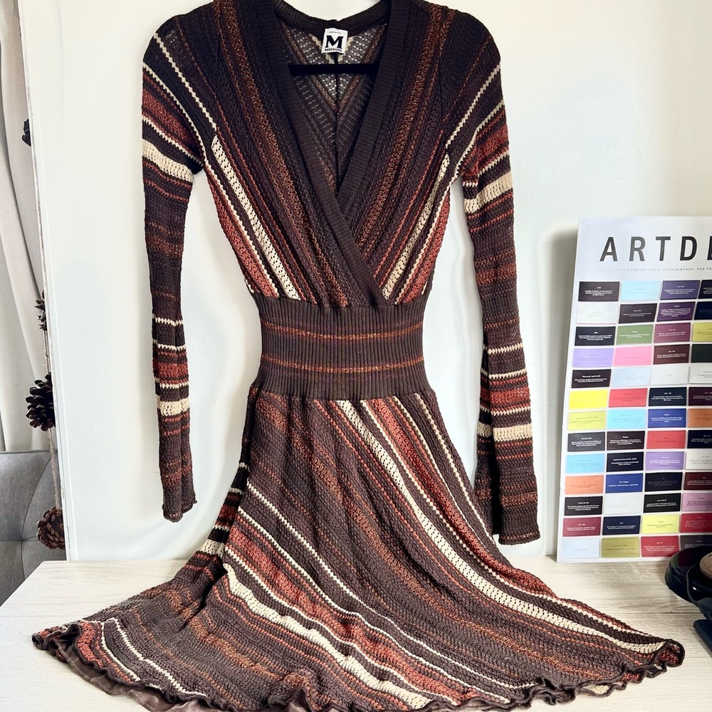 Missoni Vintage Metallic Striped Open Knit Bell Sleeve Fit and Flare Mini Dress
